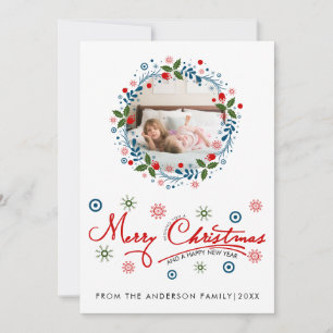 Blaue Weihnachtsgirlande rote Schrift-Typografie F Feiertagskarte