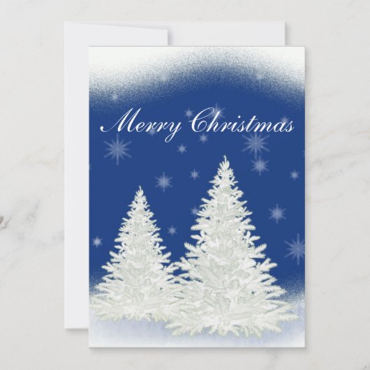 Blaue Weihnachtskarte mit weißem Baum. Einladung (Vorderseite)