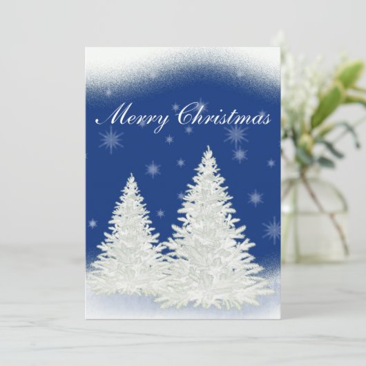 Blaue Weihnachtskarte mit weißem Baum. Einladung (Stehend Vorderseite)