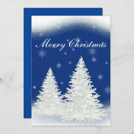 Blaue Weihnachtskarte mit weißem Baum. Einladung