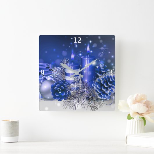 Blaue Weihnachtsschmuck und Kerzen Quadratische Wanduhr (Zuhause)