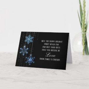 Blaue Weihnachtsschneeflocken auf Schwarz Feiertagskarte