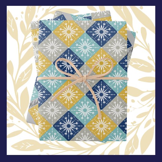 Blaue Weihnachtsschneeflocken Geschenkpapier Set