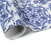 Blaue Weihnachtsstars auf Weiße China Muster Geschenkpapier (Rolleneckpunkt)