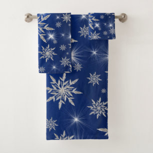 Blaue Weihnachtssterne mit weißem Eiskristall Badhandtuch Set