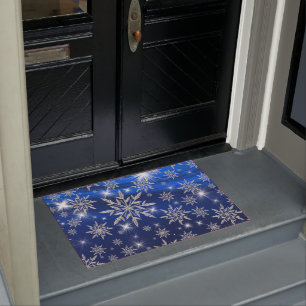 Blaue Weihnachtssterne mit weißem Eiskristall Fußmatte