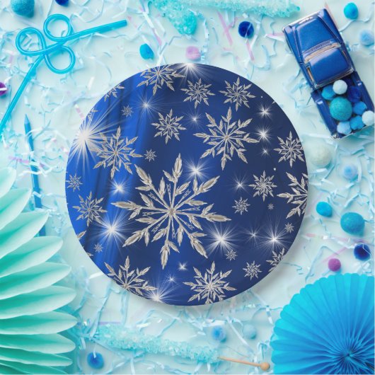 Blaue Weihnachtssterne mit weißem Eiskristall Pappteller (Party)