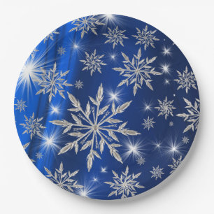 Blaue Weihnachtssterne mit weißem Eiskristall Pappteller