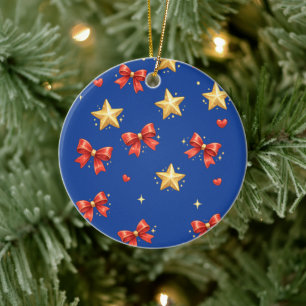 Blaue Weihnachtssterne & Schleifen-Ornament Keramik Ornament