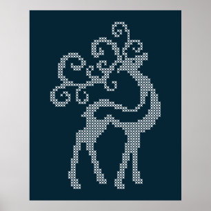 Blaue Weihnachtsstickerei Rentiere Saisondesign Poster