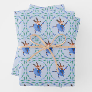 Blaue Weihnachtstänzerin das Rentier-Ballerina Geschenkpapier Set