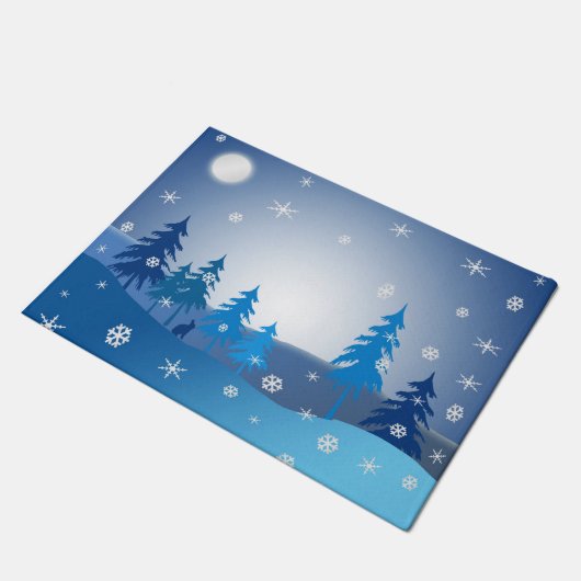 Blaue Weihnachtswinterszene Fußmatte (Schrägansicht)