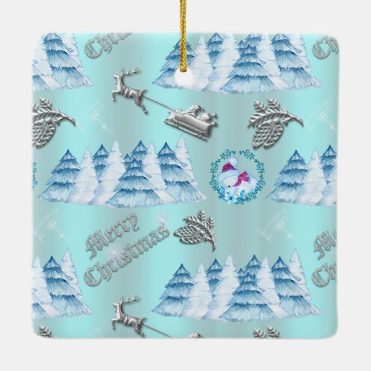 Blaue Weihnachtswinterszene Keramikornament (Rückseite)