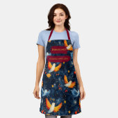 Blaue Weihnachtszeit-Schürze mit bunten Vögeln und Schürze (Getragen)