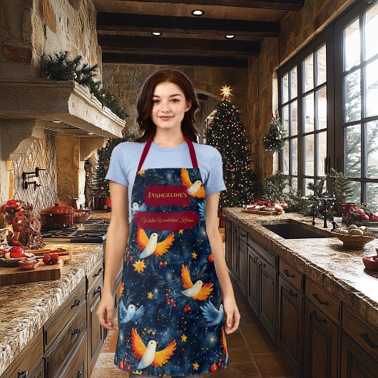 Blaue Weihnachtszeit-Schürze mit bunten Vögeln und Schürze