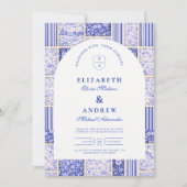 Blaue Weiß gepatchworkte Toile-Hochzeit Einladung (Vorderseite)