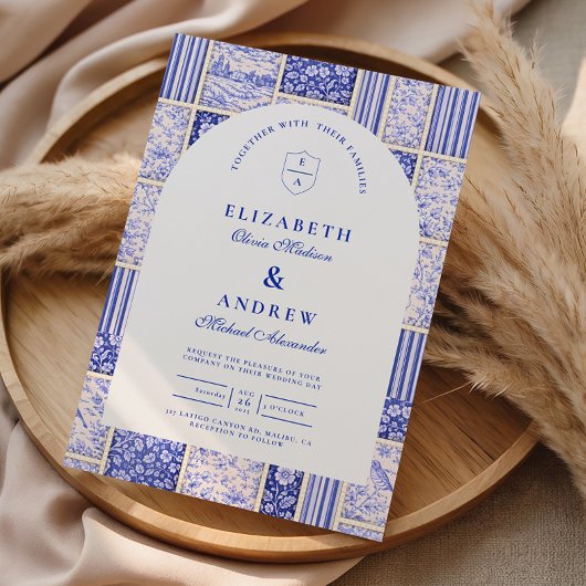 Blaue Weiß gepatchworkte Toile-Hochzeit Einladung