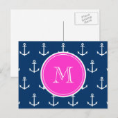 Blaue, weiße Ankermuster, Hot-Pink-Monogramm Postkarte (Vorne/Hinten)