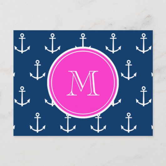 Blaue, weiße Ankermuster, Hot-Pink-Monogramm Postkarte (Vorderseite)