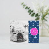 Blaue, weiße Ankermuster, Hot-Pink-Monogramm Postkarte (Stehend Vorderseite)