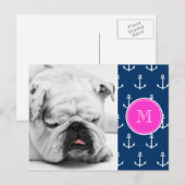 Blaue, weiße Ankermuster, Hot-Pink-Monogramm Postkarte (Vorne/Hinten)