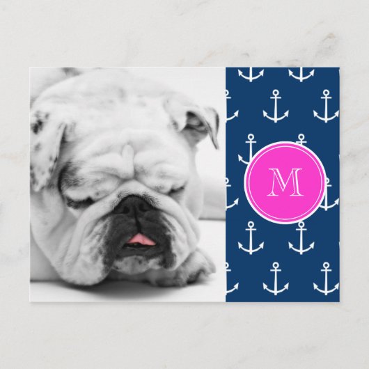 Blaue, weiße Ankermuster, Hot-Pink-Monogramm Postkarte (Vorderseite)
