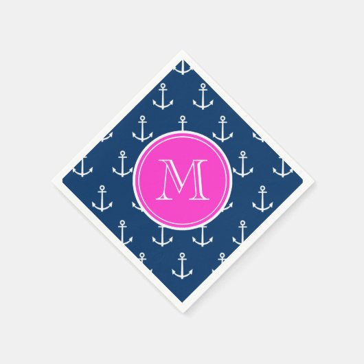 Blaue, weiße Ankermuster, Hot-Pink-Monogramm Serviette (Ecke)