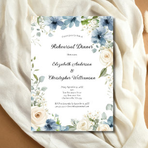 Blaue weiße Aquarell-Blumen Hochzeitsprobe-Dinner Einladung