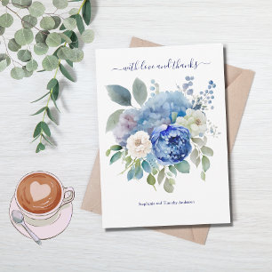 Blaue weiße Aquarell-Blumenhochzeit Dankeskarte