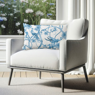 Blaue weiße Aquarell-Vögel in baumblütiger Vintage Lendenkissen