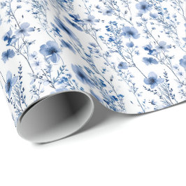 Blaue weiße Aquarell-Wildblumen-Blumenmuster Geschenkpapier