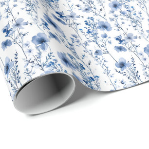 Blaue weiße Aquarell-Wildblumen-Blumenmuster Geschenkpapier