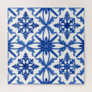 Blaue weiße Azulejo-Fliesen-Blumenmuster Puzzle