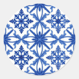 Blaue weiße Azulejo-Fliesen-Blumenmuster Runder Aufkleber
