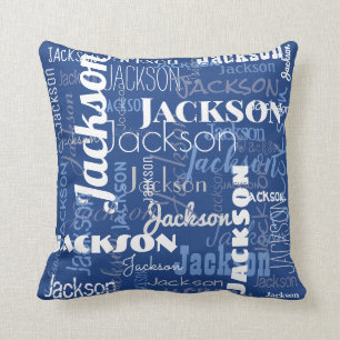 Blaue weiße Baby-Namensmuster-moderne Typografie Kissen
