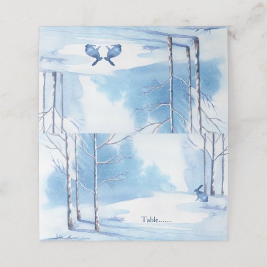 Blaue weiße Bäume, Kaninchen Winter Hochzeit Platzkarte (Außenseite Aufgefaltet)