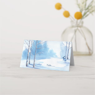 Blaue weiße Bäume, Kaninchen Winter Hochzeit Platzkarte
