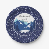 Blaue, weiße Berge und Nadelbäume Hochzeit Pappteller (Vorderseite)