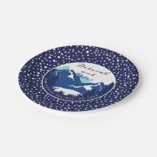 Blaue, weiße Berge und Nadelbäume Hochzeit Pappteller