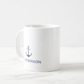 Blaue weiße Bezeichnung des nautischen Ankerschiff Kaffeetasse (Vorderseite Links)