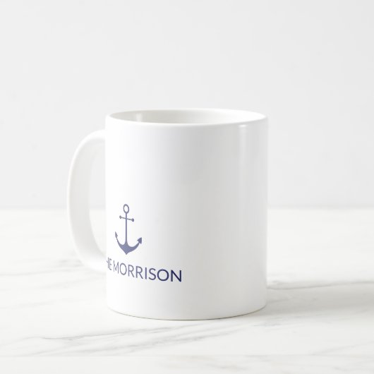 Blaue weiße Bezeichnung des nautischen Ankerschiff Kaffeetasse (Vorderseite Links)