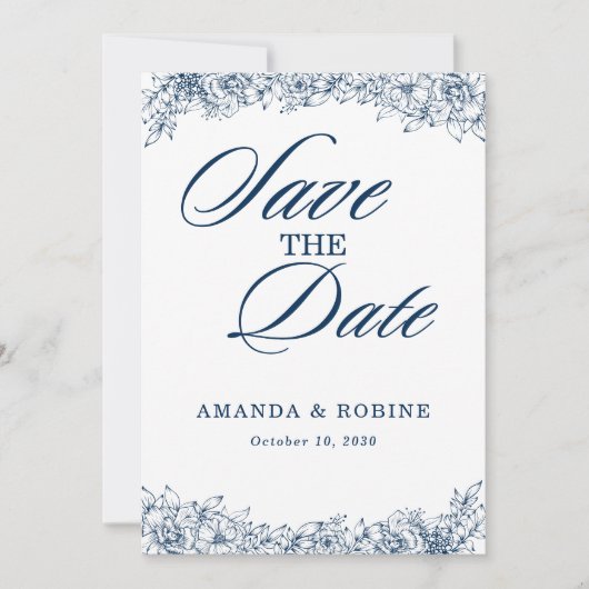 Blaue weiße Blume Elegant Save the Date einfach (Vorderseite)