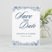 Blaue weiße Blume Elegant Save the Date einfach (Stehend Vorderseite)