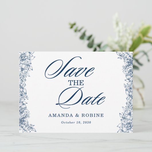 Blaue weiße Blume Elegant Save the Date einfach (Stehend Vorderseite)