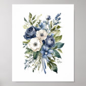 Blaue weiße Blumen Blumen Wasserfarbe Elegant Poster (Vorne)