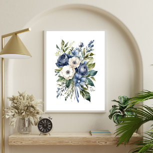 Blaue weiße Blumen Blumen Wasserfarbe Elegant  Poster
