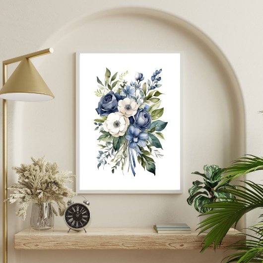 Blaue weiße Blumen Blumen Wasserfarbe Elegant Poster