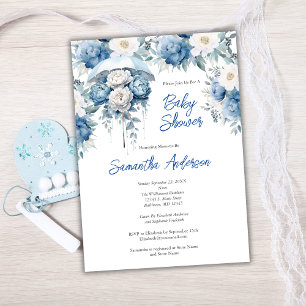 Blaue weiße Blumen-Schirm-Jungen-Baby-Party Einladung