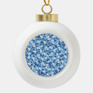 Blaue, weiße Blumen: Vintage Keramik Kugel-Ornament