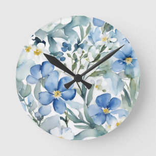 Blaue Weiße Blumen Wasserfarbe Chic Runde Wanduhr